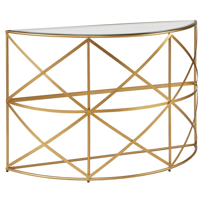 Shiny Gold Metal Semicircle Console Table with white glass top