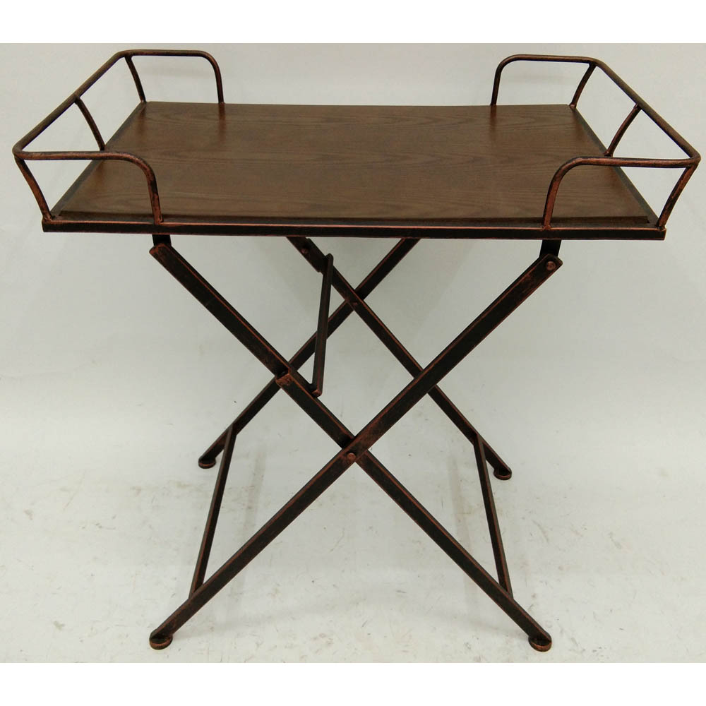 Antique copper wood tray with folding metal stand