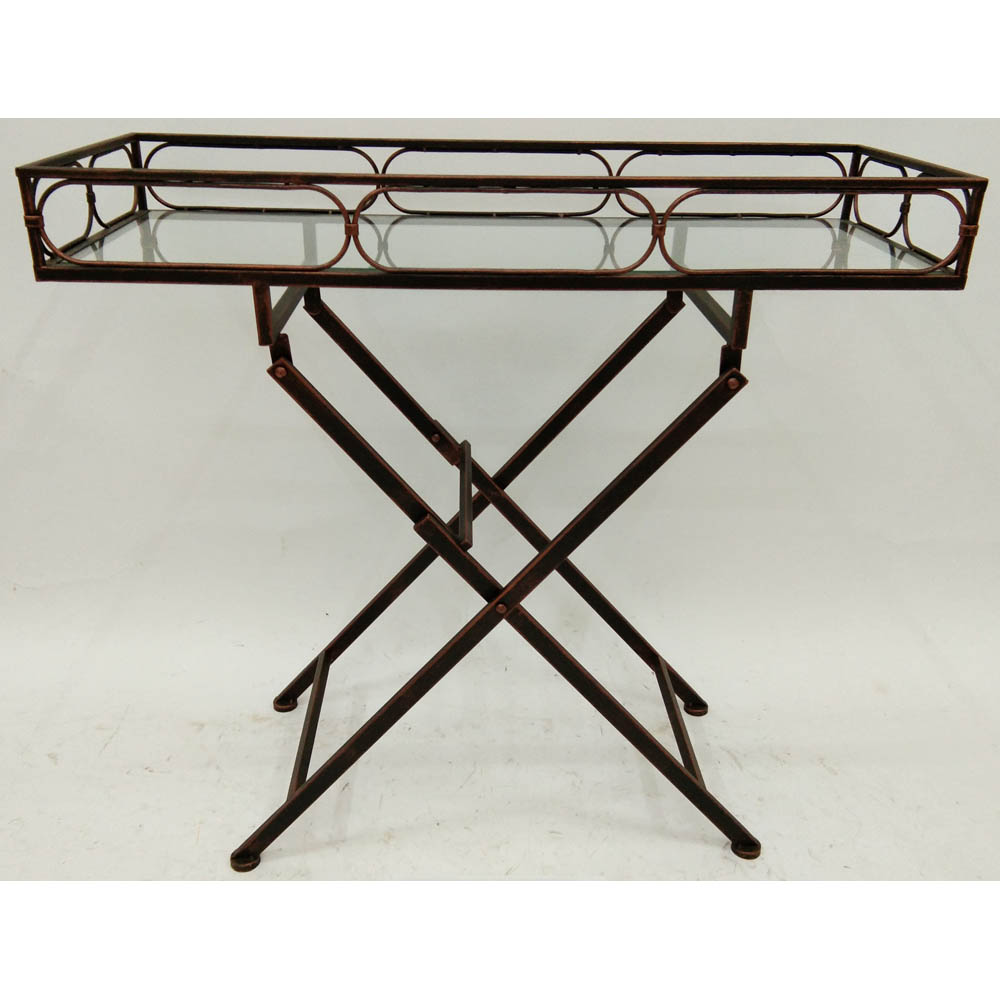 Antique copper glass tray with folding metal stand