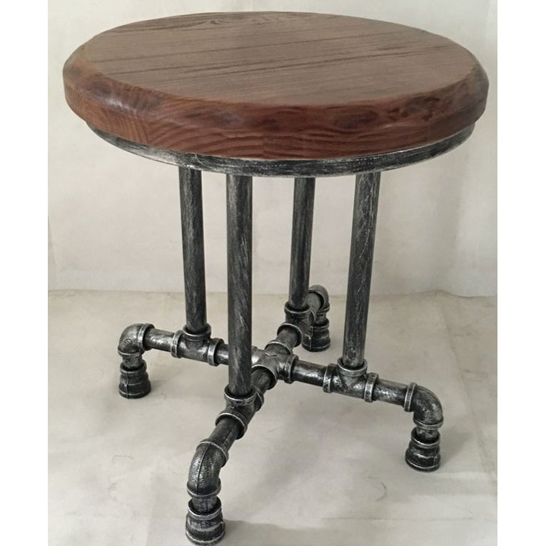 Round stool with natural look solid wood and tube industrial look legs