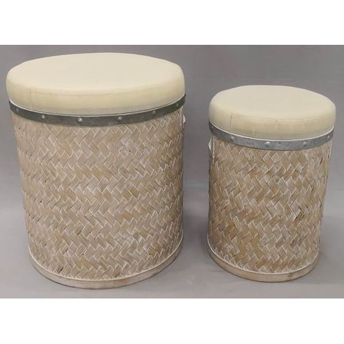 Round storage ottoman with sand wash weaving bamboo base