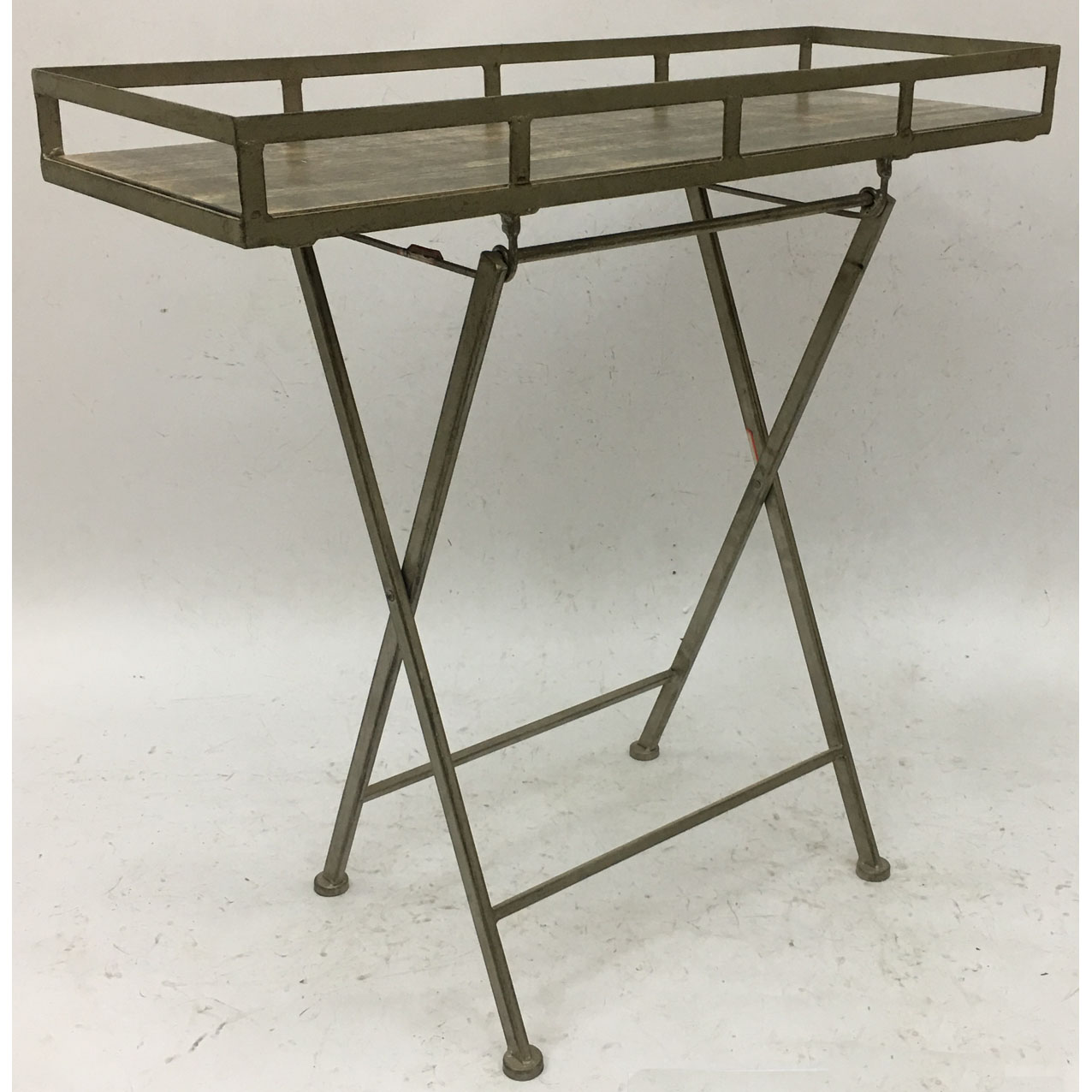 Rectangular wood tray with folding metal stand