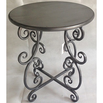 Antique grey round metal side table with scroll