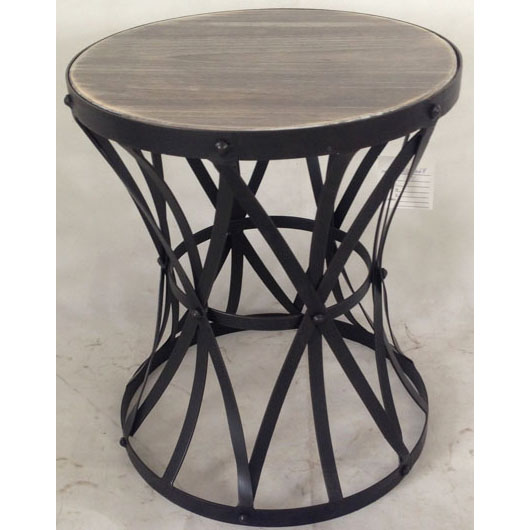 Round side table with solid wood top and metal base