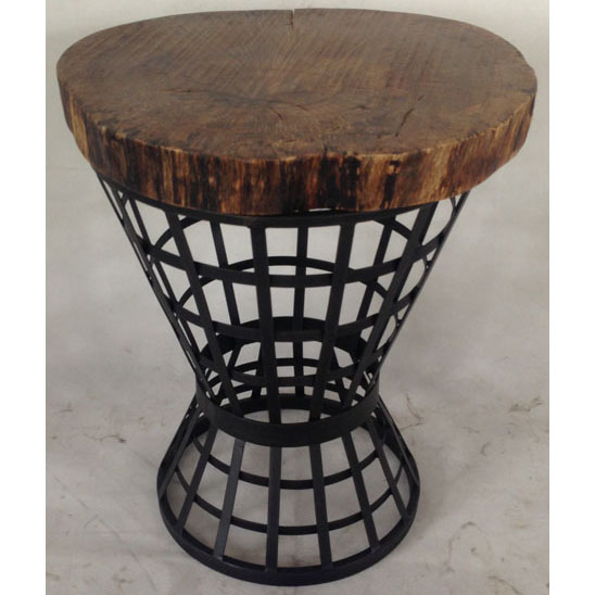 Round side table with natural look solid wood top and weaving metal base