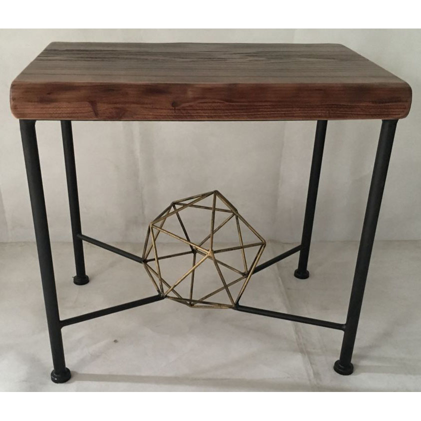 Rectangular metal stool with natural look solid wood and geometric decor 