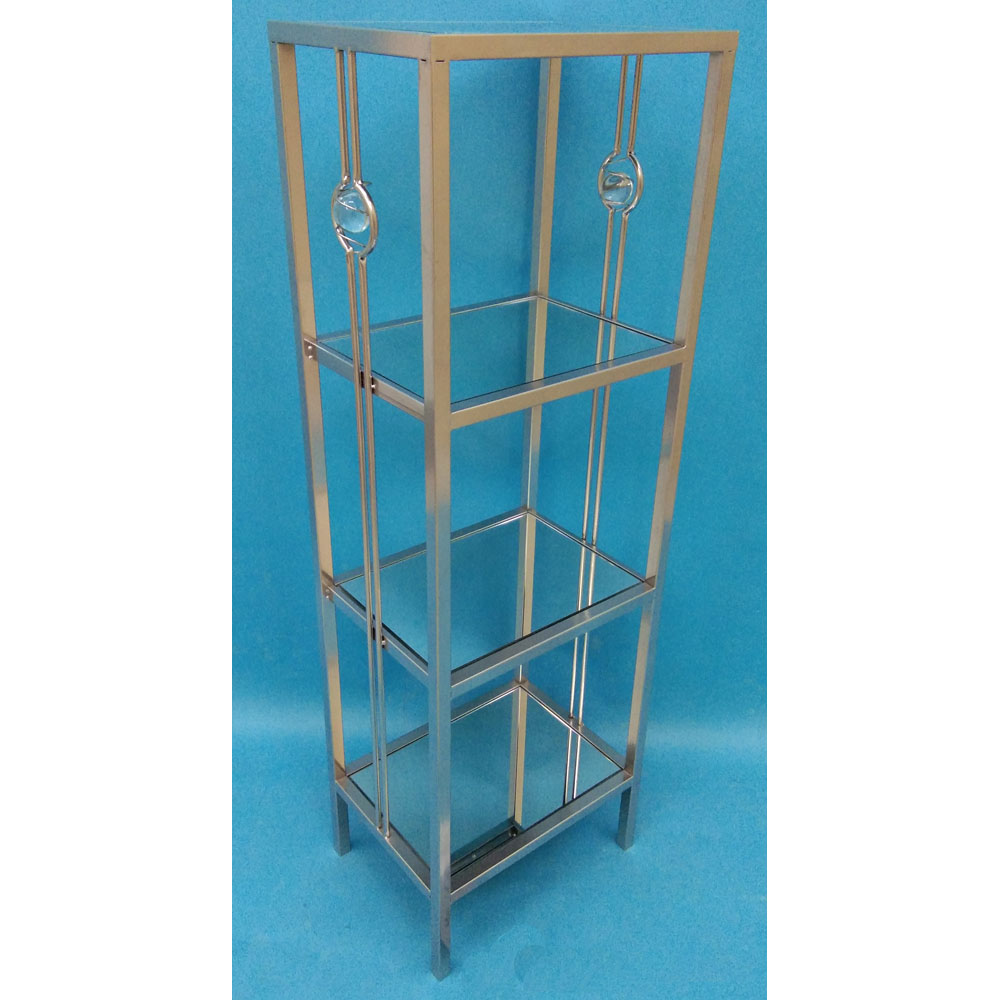 Silver metal rack with 3 mirror tiers & top and crystal decor at side
