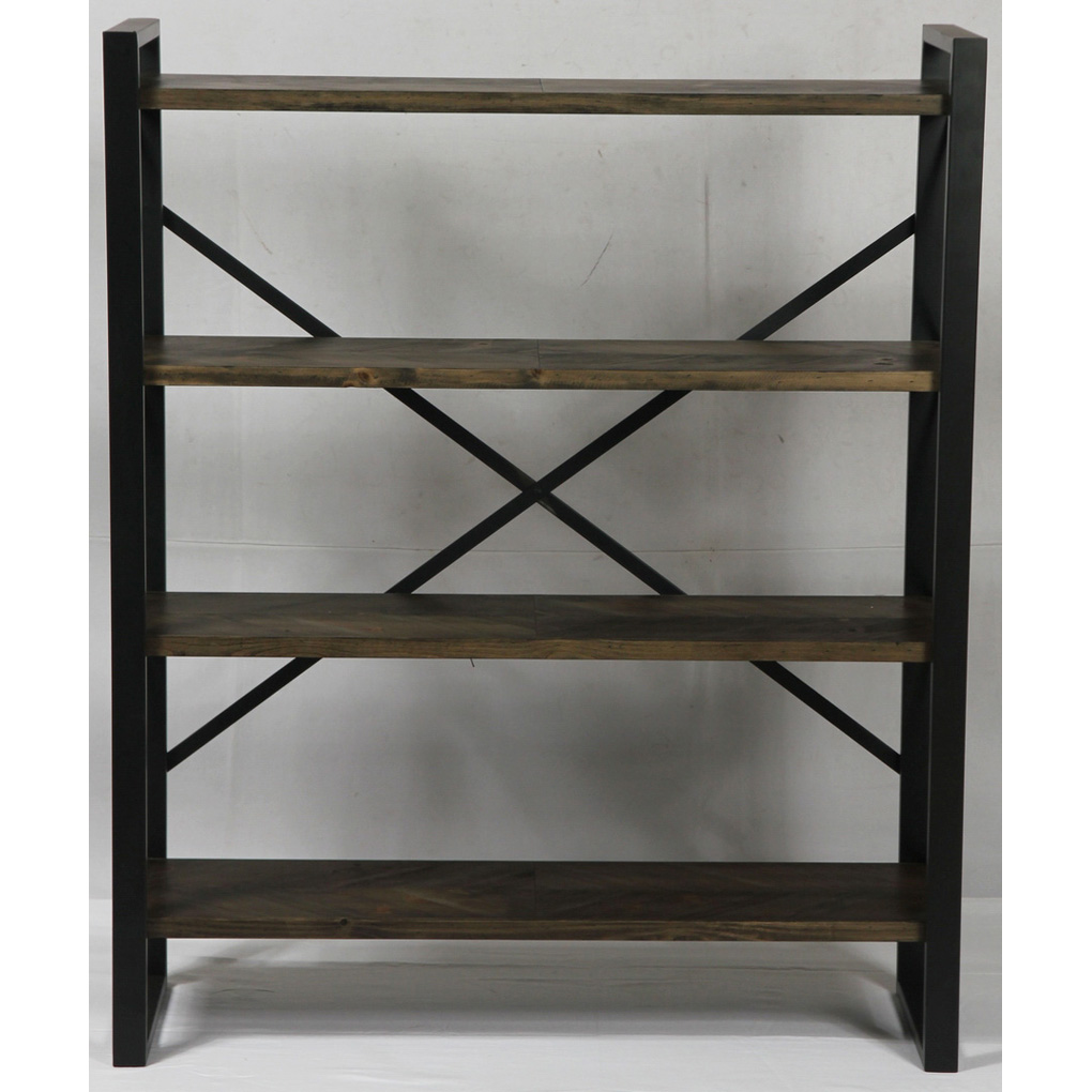 Heave metal display fixture with 4 solid wood tiers & X decor at back