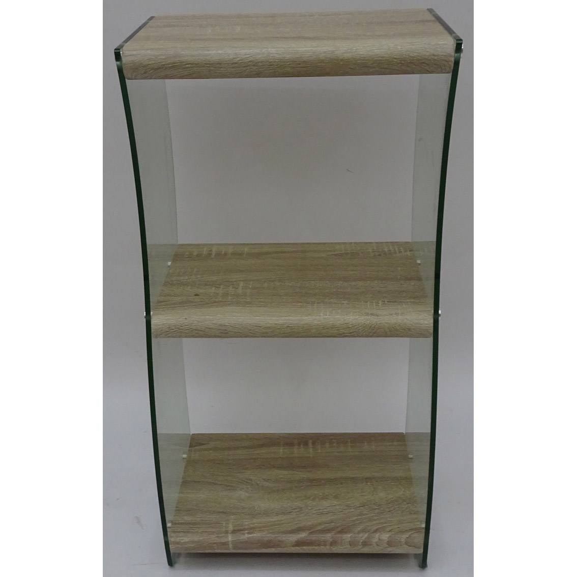 Contemporary curved glass book shelf with wood veneer tiers