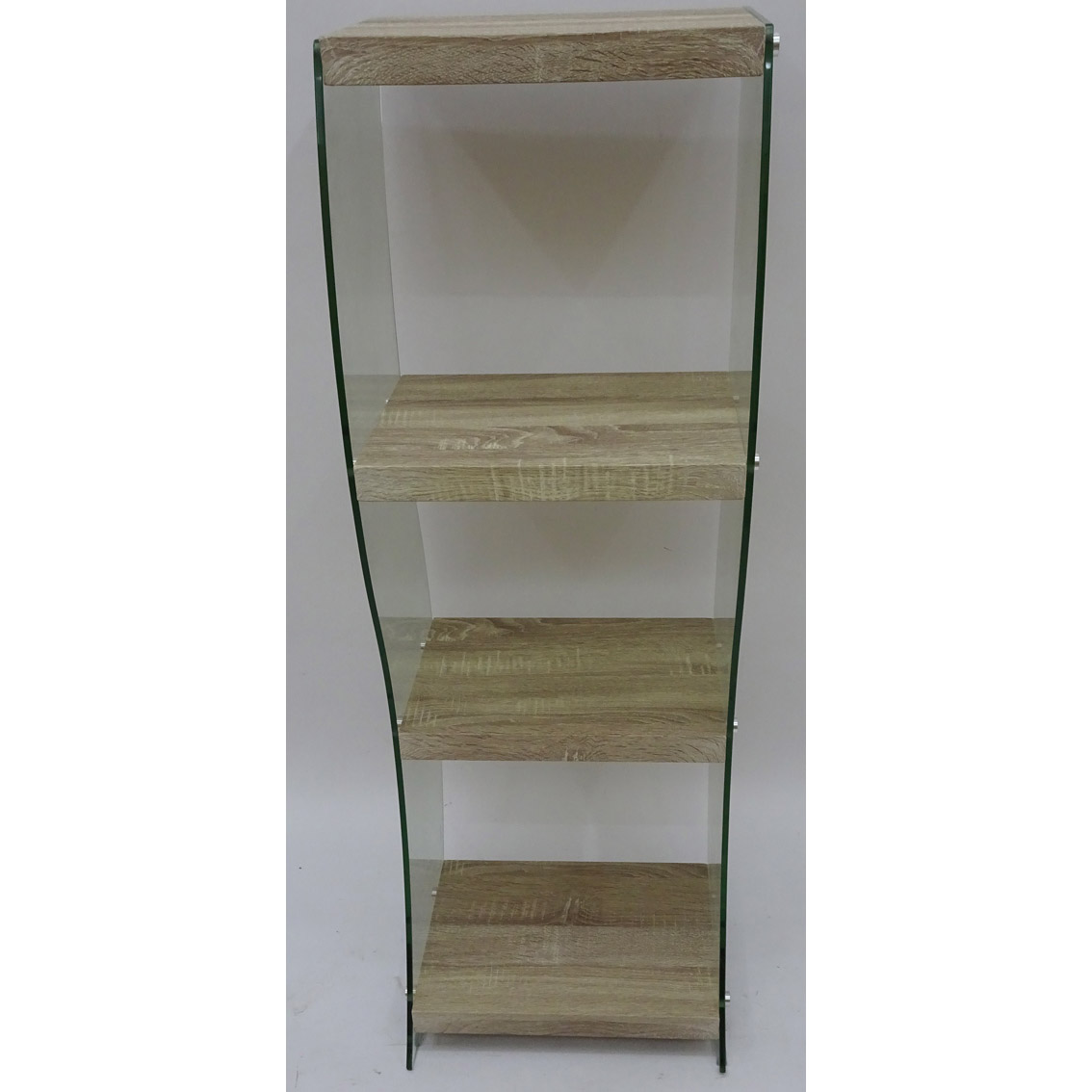 Contemporary curved glass book shelf with wood veneer tiers