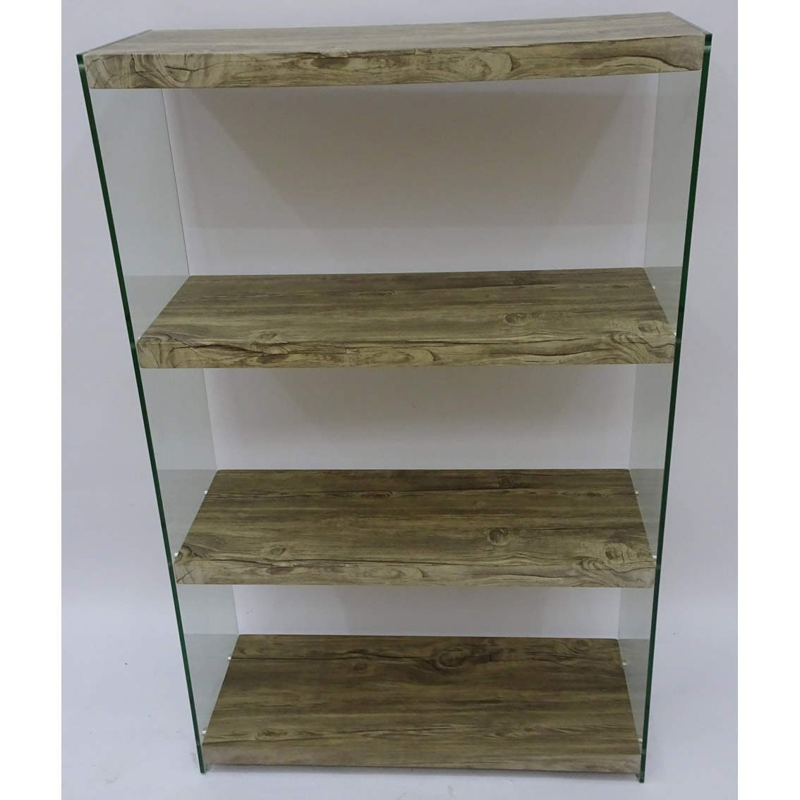 Contemporary glass book shelf with wood veneer tiers