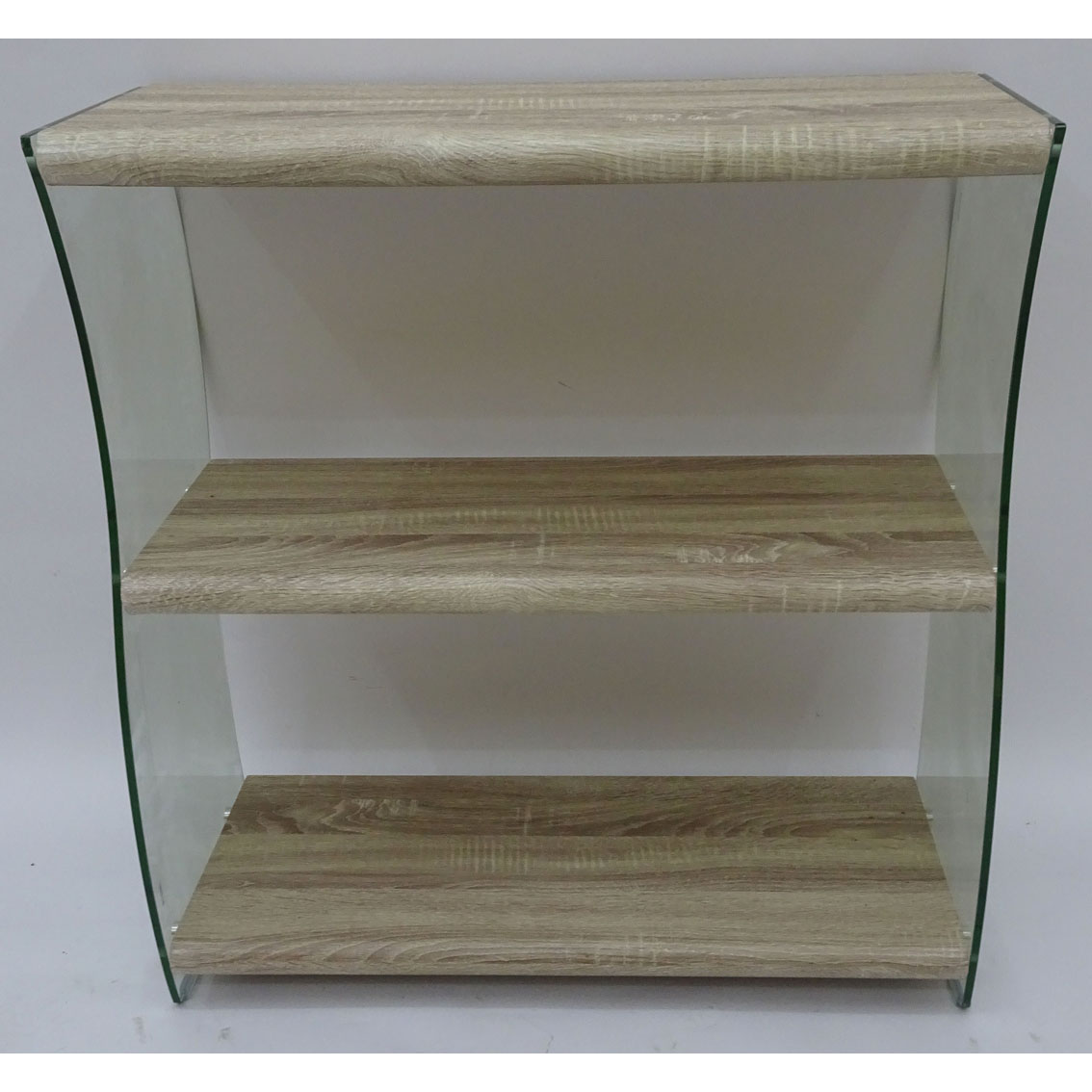 Contemporary curved glass book shelf with wood veneer tiers 