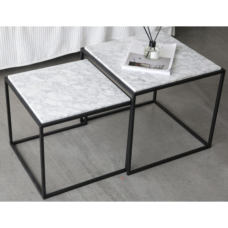 S/2 square black metal coffee table with white  marble top