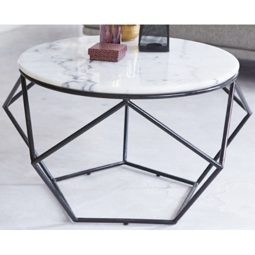 Black hexagonal metal coffee table with round white marble top