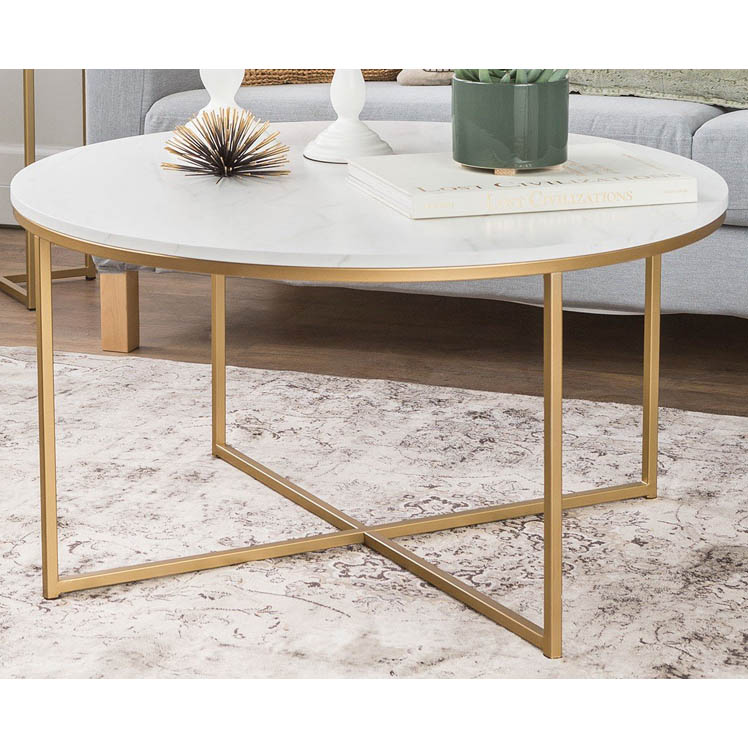 Gold metal coffee table with round white marble top