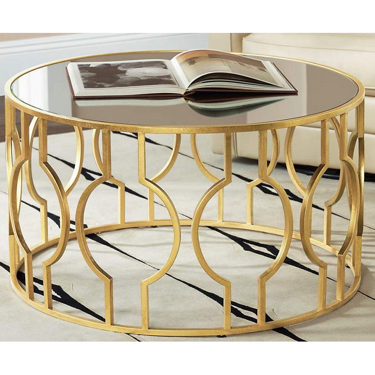 Gold round metal coffee table with mirror top & bowling shape metal decor