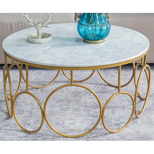 Gold round metal coffee table with round white marble top & welded circles base