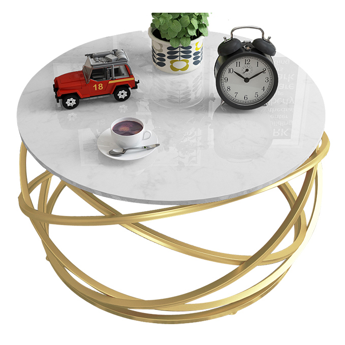 Gold round metal coffee table with round white marble top