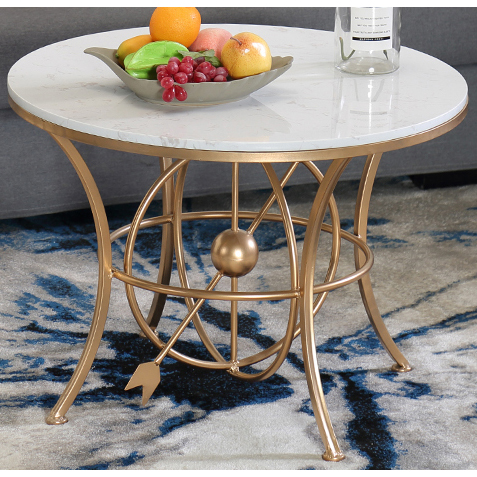 Gold round metal coffee table with white marble top & globe decor base