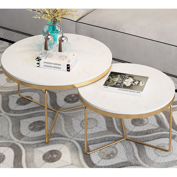 S/2 round gold  metal coffee table with white  marble top