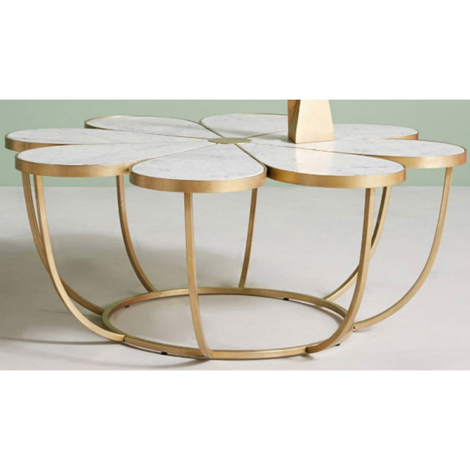 Flower shape metal coffee table with white marble top