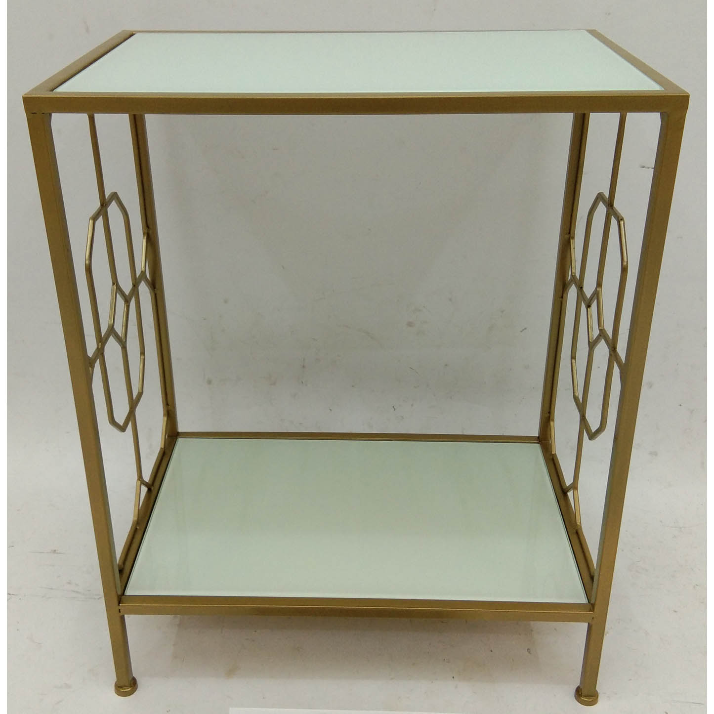 Gold rectangular metal side table with white glass tier & top and geometric metal side decor