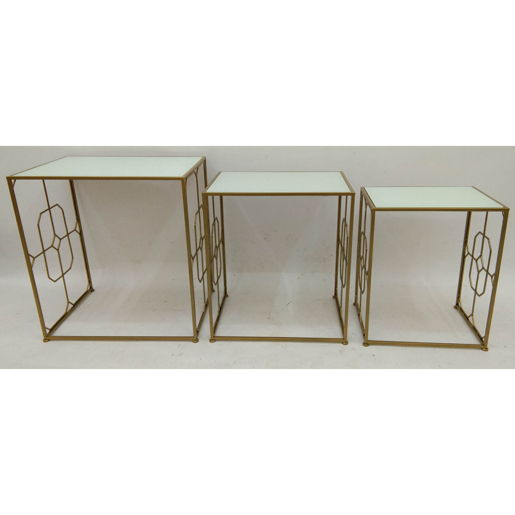 S/3 gold rectangular metal nesting side table with white glass top and geometric metal side decor