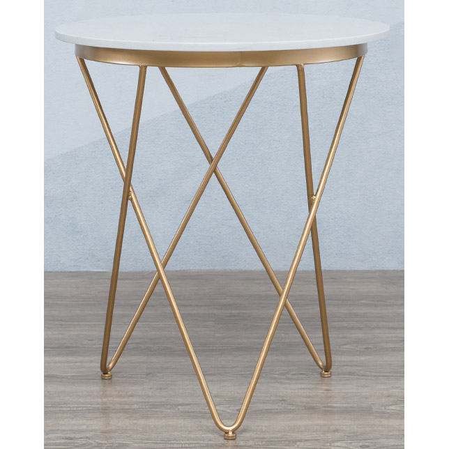 Gold round metal side table with white marble top
