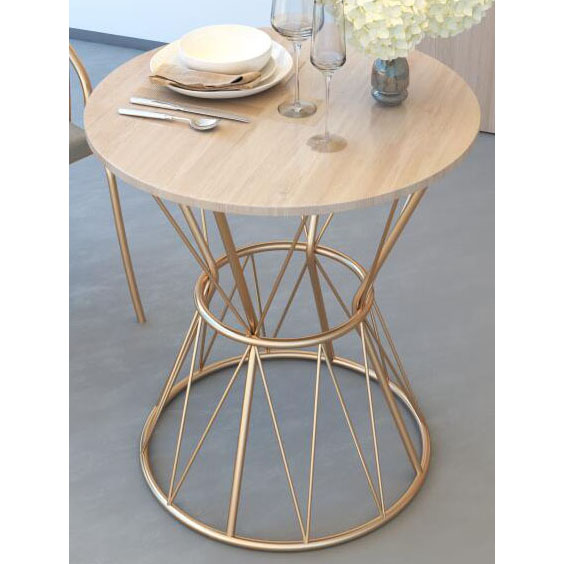 Gold round metal side table with brown marble top
