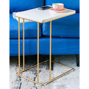 Gold round metal C side table with white marble top