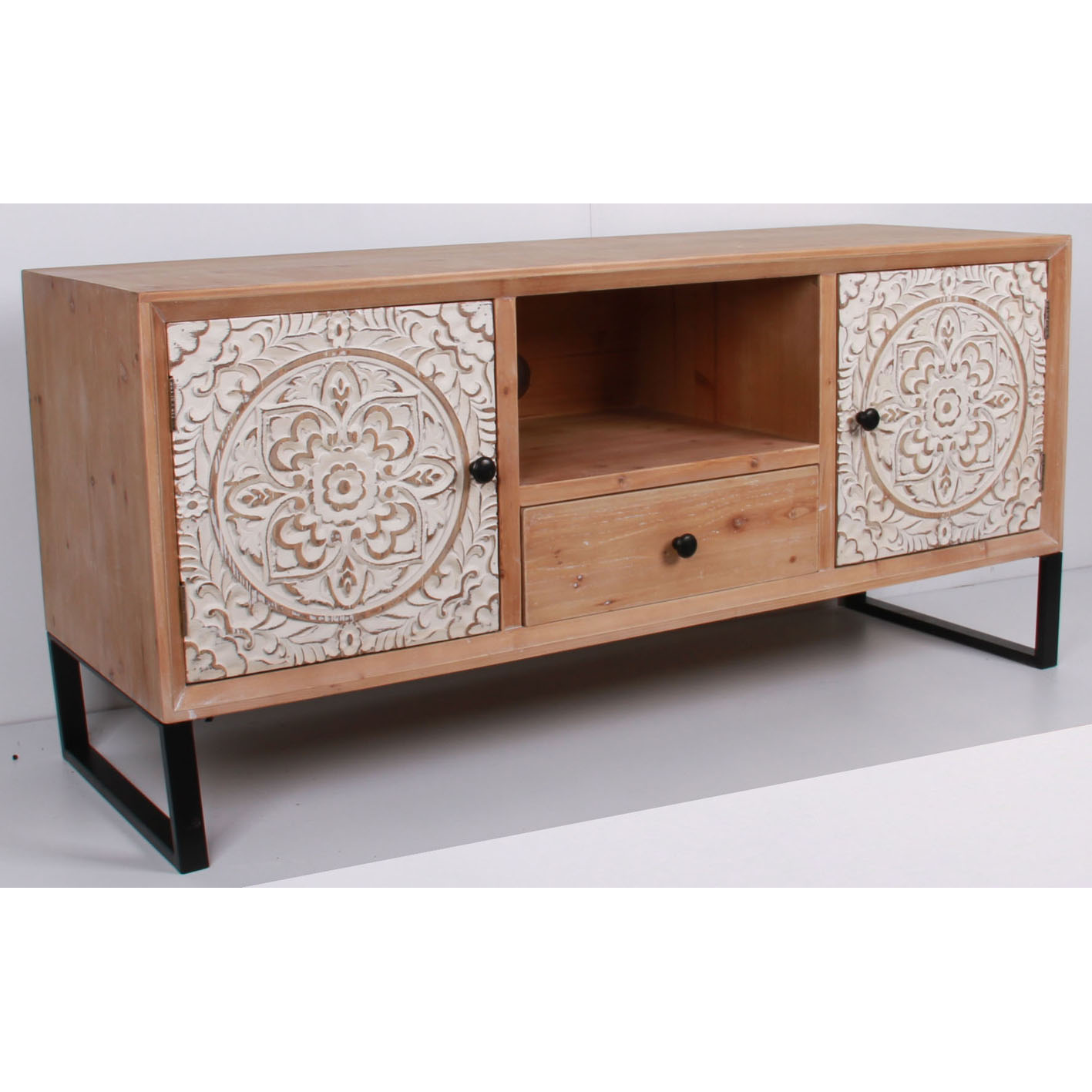 Wood TV stand with  carving doors and metal legs