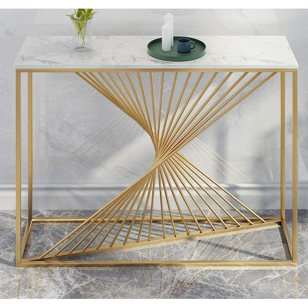 Gold rectangular metal console table with marble top