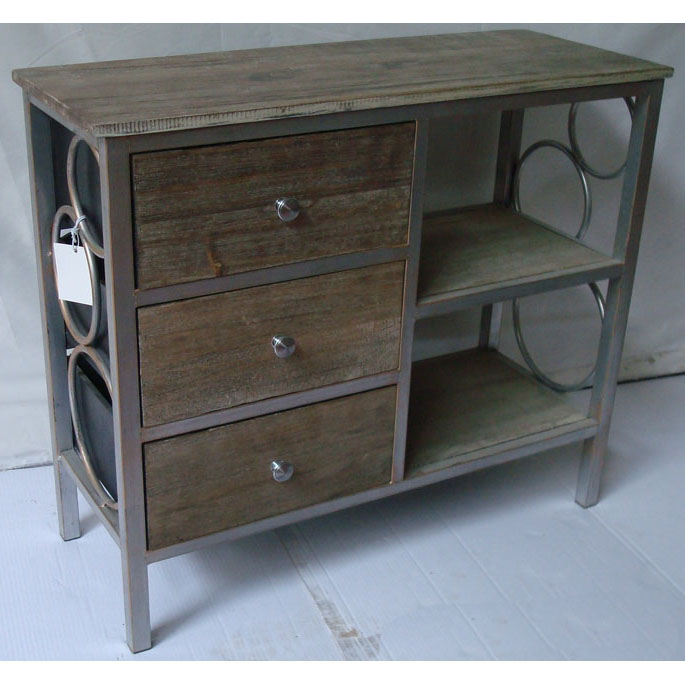 Metal dressing chest with 3 wood drawers & 2 wood tiers and top and decorative circles side