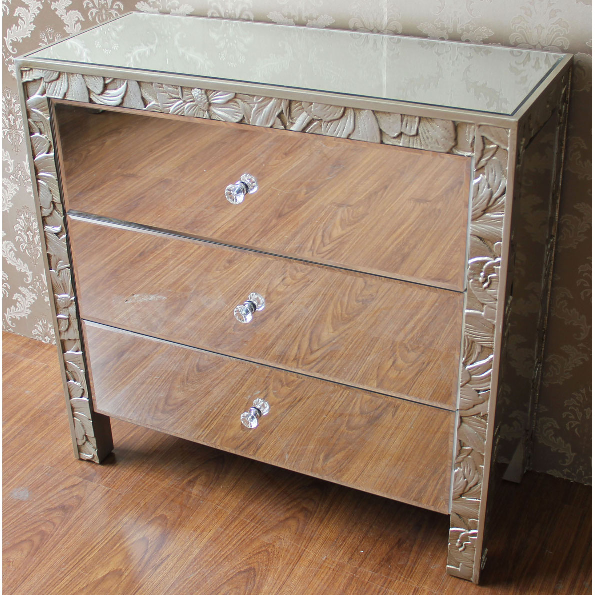 Wood carving chest with mirror top & 3 mirror drawers