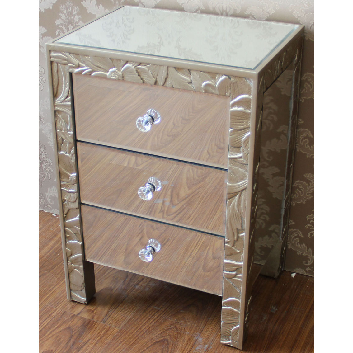Wood carving chest with 3 mirror drawers