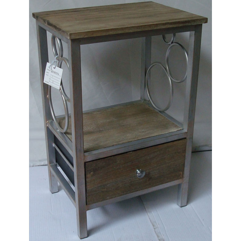 Metal night stand with 1 wood drawers & 1 wood tier  and top and decorative circles side