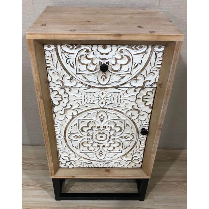 Sand wash wood night stand with 1white laser carving pattern door and 1drawer and metal base