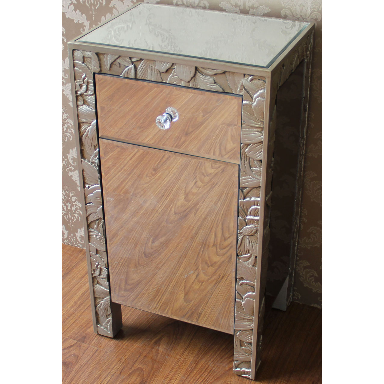 Champagne color wood night stand with mirror drawer & 1 door