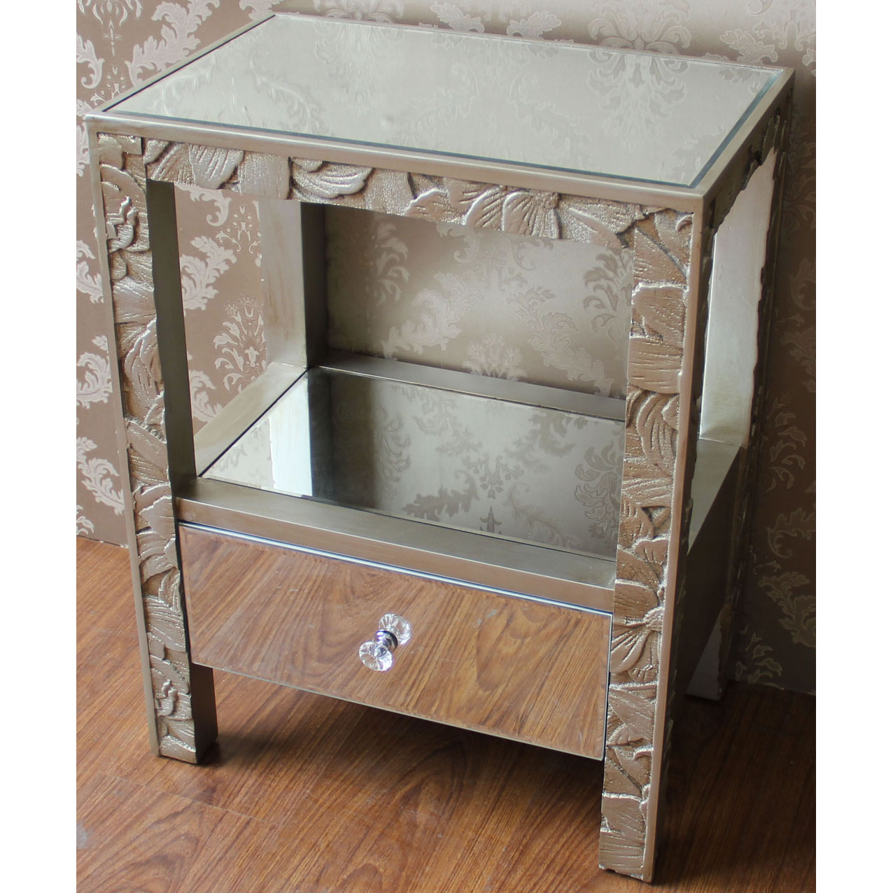 Champagne color wood night stand with 1 mirror drawer & 1 layer and top