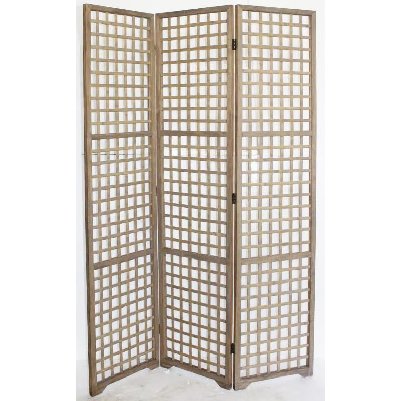 3 panels sand wash wood framed room divider screen with weaving bamboo grid