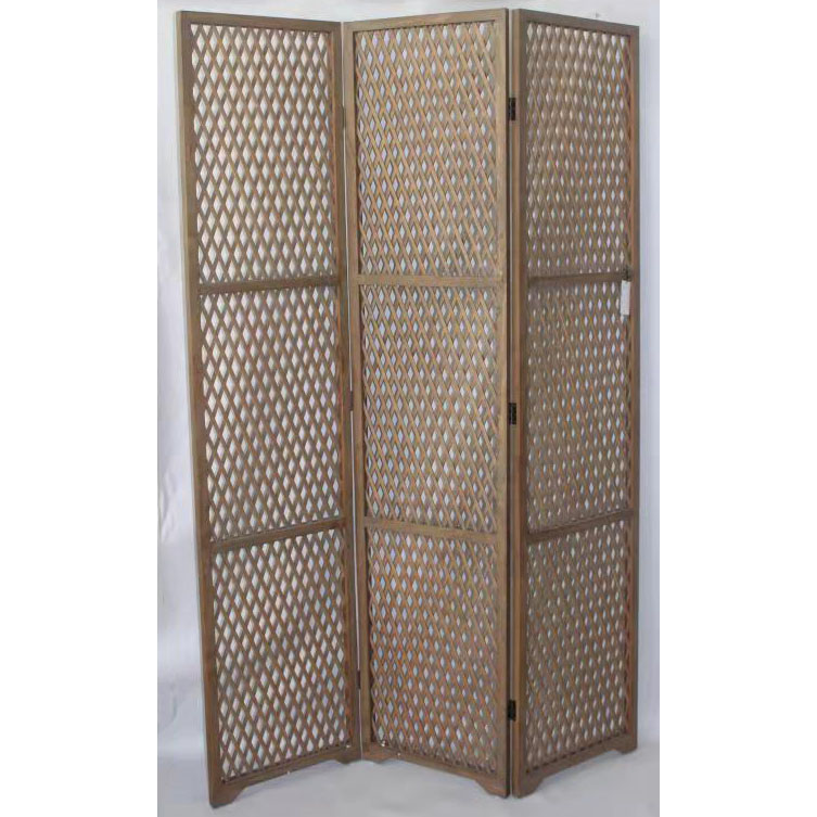 3 panels sand wash wood framed room divider screen with weaving bamboo grid