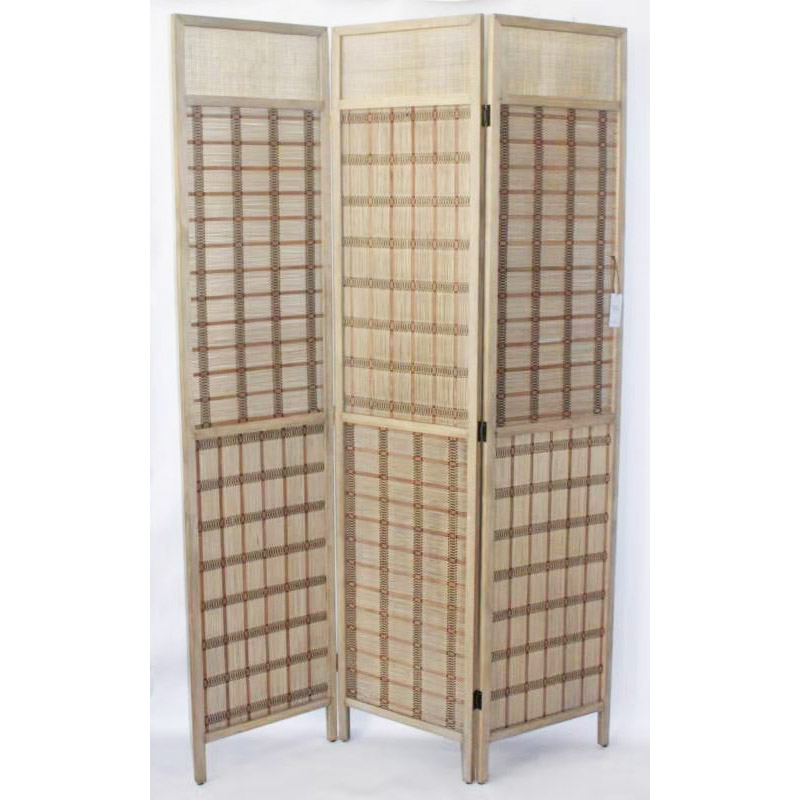 3 panels wood framed  room divider screen with weaving rattan