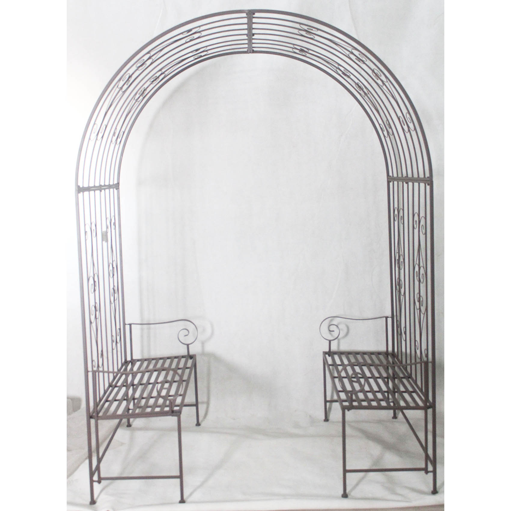 Rectangular metal garden arch with bench