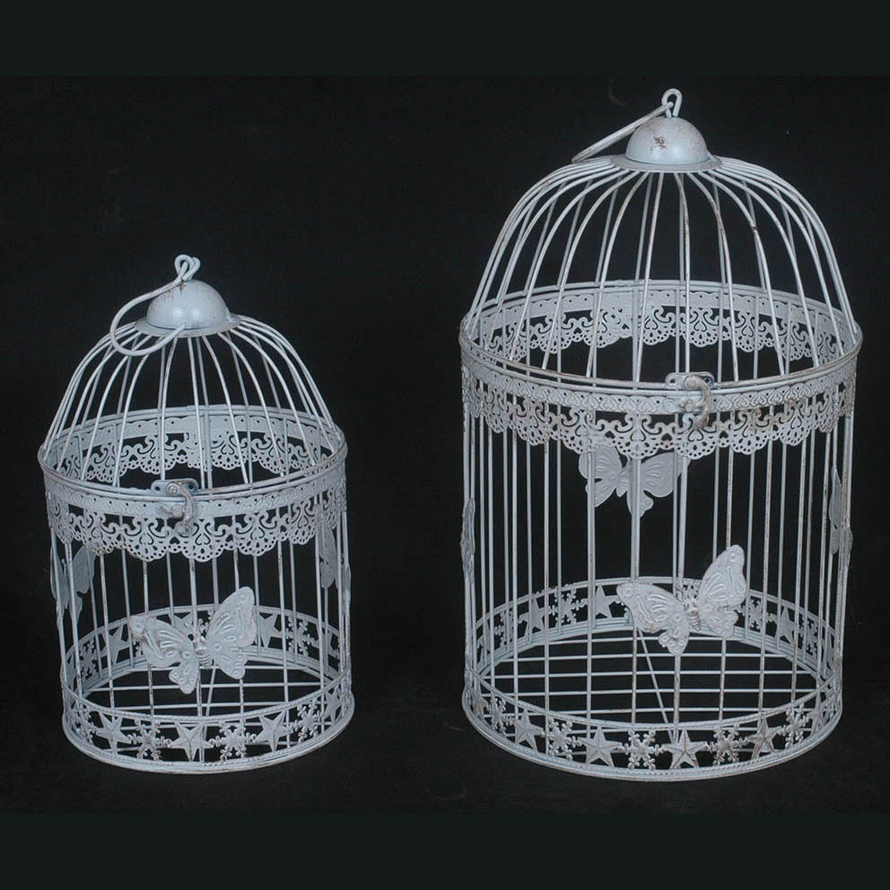 S/2 antique white round metal birdcage with butterfly decor 