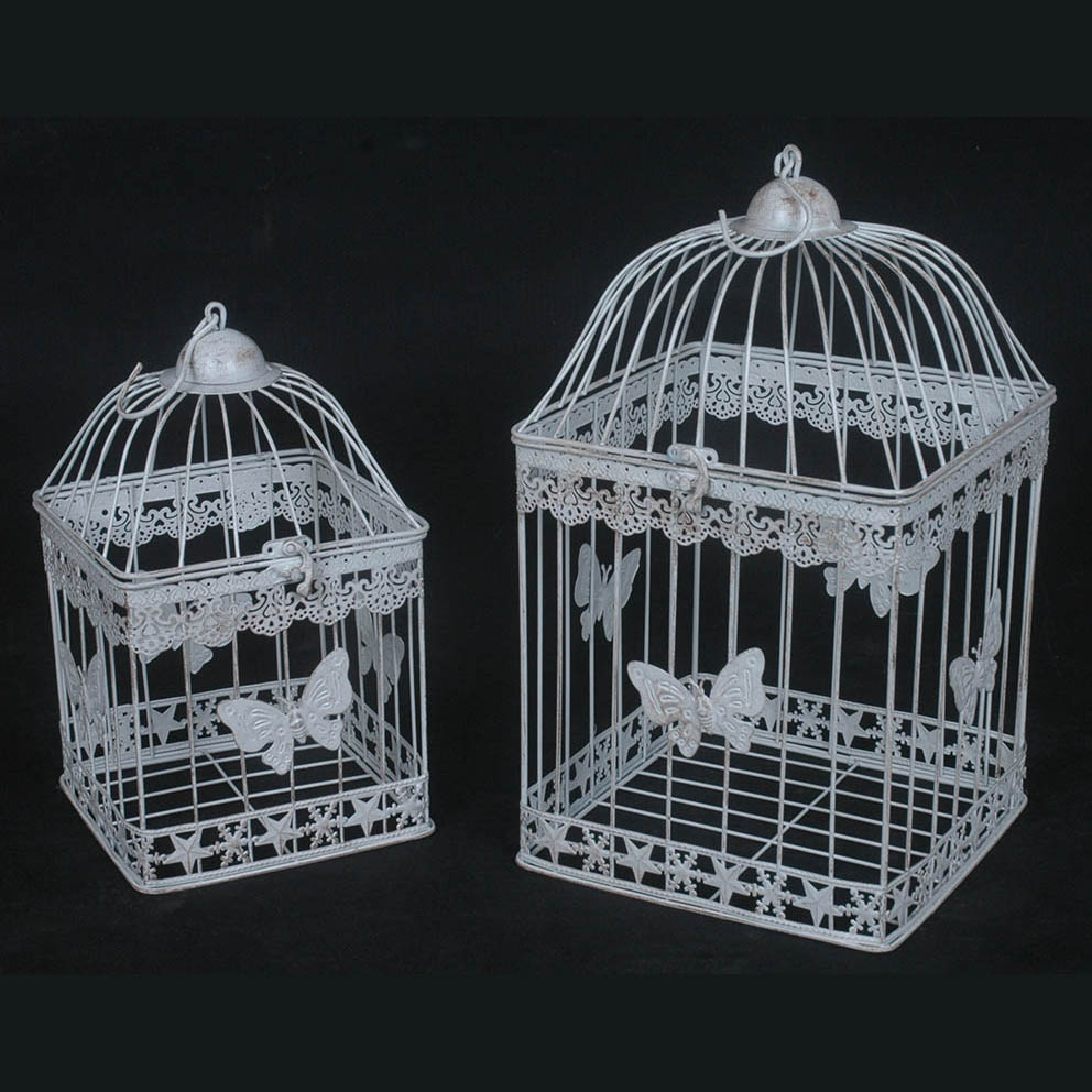 S/2 antique white square metal birdcage with butterfly decor