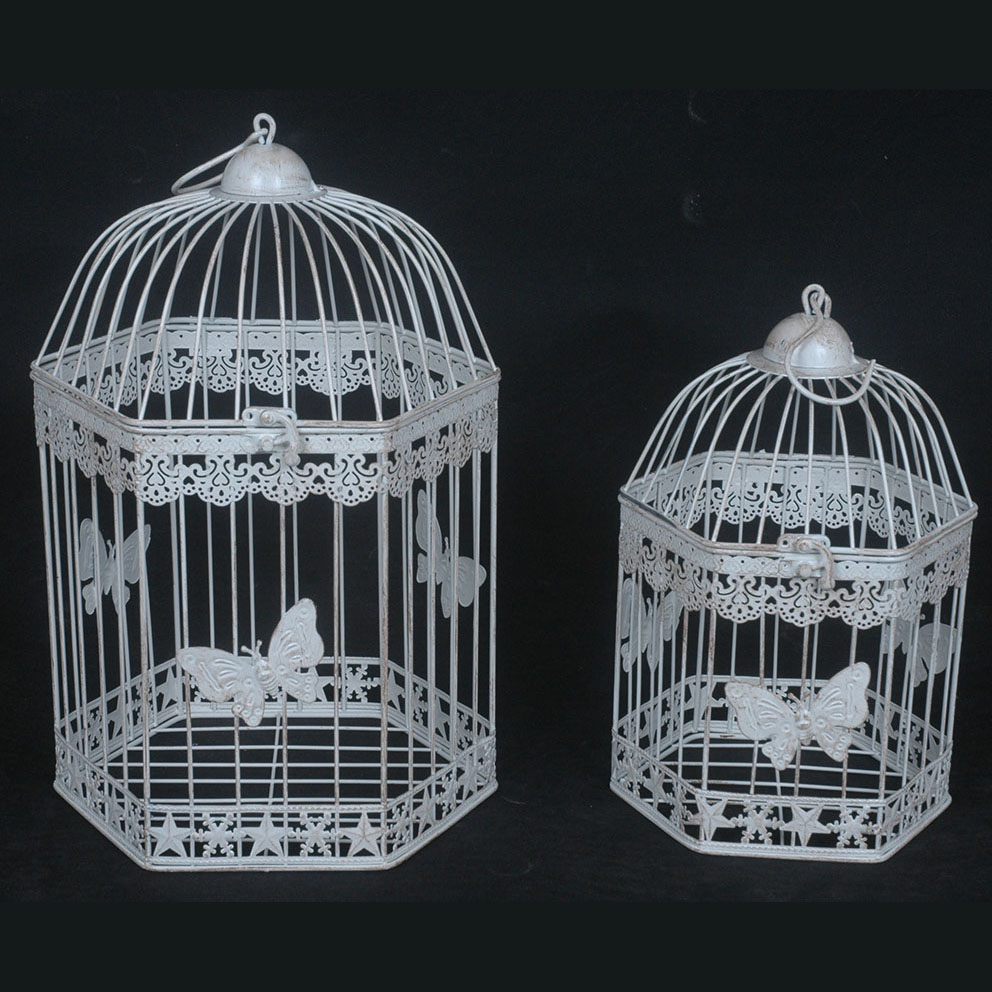 S/2  antique white hexagon metal birdcage with butterfly decor 