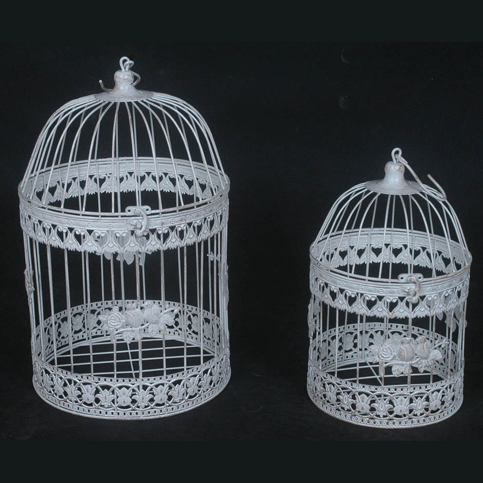 S/2  antique white  round metal birdcage with bird decor 