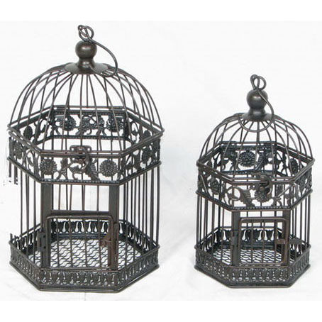 S/2 rusty hexagon metal birdcage